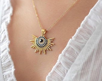 Gold Sunburst Evil Eye Necklace: 18K Gold Protection Amulet, Meaningful Gift for Mom, Dainty Anniversary Gift for Wife