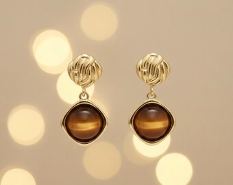 Gold Knot Stud Earrings with Brown Tiger Eye Style Pendant, Vintage Style Square Drop Earrings, Minimalist Boho Jewelry Gift For Mom Sisters