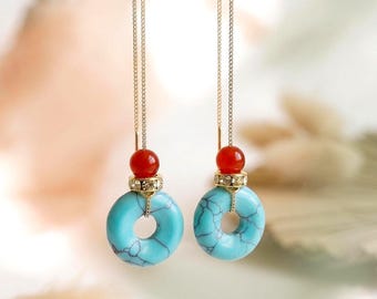 Turquoise Earrings, Donut Ring Gemstone, 18K Gold Ear Threaders, Carnelian Gold Chain Dangle, Dainty Drop Earrings, Geometric Gift for Mom