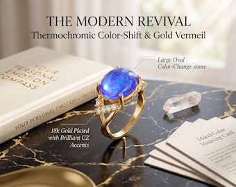 Waterproof Mood Ring, 18K Gold Plated Oval Adjustable Color Ring, Meaningful Christmas Gift For Her, Fun Jewelry
