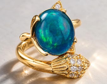 Color Changing Oval Gemstone Ring, Fox Ring, Adjustable Mood Ring, Unique Statement Ring, Retro Animal Jewelry