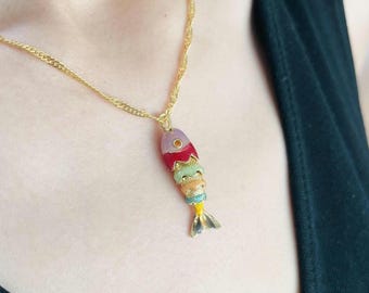 Movable Gold Rainbow Fish Pendant Necklace: 18k Gold-Plated Sardine Charm, Customized Dainty Chain