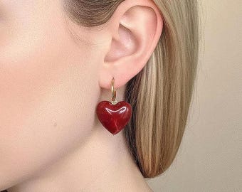 Chunky Puff Heart Gold Earrings, Lightweight Red Resin Dangles, Hypoallergenic Jewelry Gift For Daily Wear, Gift For Mom Grandma Sister Wife