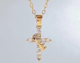 Diamond Cross Crown Necklace, 18k Gold Plated Christian Pendant, Religious Gifts Faith Jewelry for her