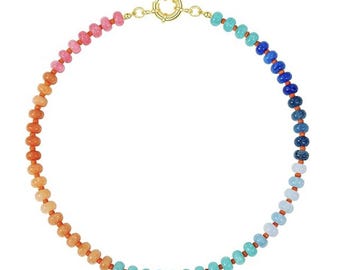 Rainbow Gemstone Necklace, Colorful Beaded Beach Necklace, Summer Necklace, Boho Jade Stone Jewelry, Gift For Mom Sister Daughter Girlfriend