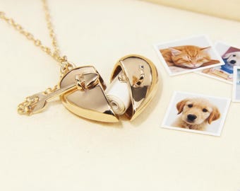 Gold Heart Photo Locket Necklace, Photo Necklace, Hidden Message Pendant, Memorial Gift For Mom Sisters Daughter Girlfriend Wife