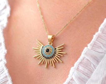 Celestial Evil Eye Pendant Necklace, 18K Gold Sunburst Charm, Bohemian Protective Jewelry, Turquoise Crystal Sun Ray Choker, Gift for Her