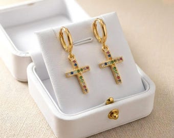Rainbow Cross Hoop Earrings, 18K Gold Faith Jewelry, Colorful Religious Gift for Christian Mom Grandma Sisters Daughter Wife Girlfriend