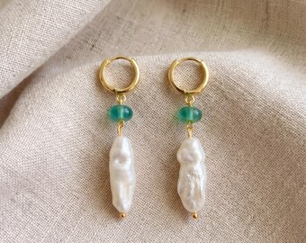 Biwa Pearl Sea Glass Huggie Hoop Earrings, Natural Baroque Earrings, 18k Gold Dainty Fresh Water Pearl Drop Earrings Gift for Her
