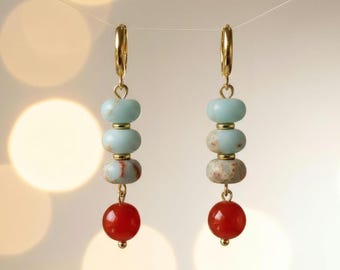 Natural Jasper Carnelian Gold Huggie Hoop Earrings, Bohemian Gemstone Beaded Dangle Jewelry, Unique Gift For Mom Grandma Wife Bestie