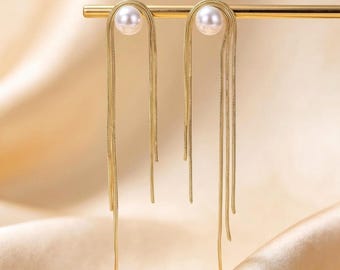 Pearl Tassel Dangle Earrings boho, Tassel Earrings Art Deco style, Modern Bridal Earrings, Statement Earrings Anniversary Gift for Her