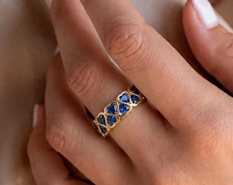 Sapphire Blue Adjustable Band, 18K Gold Eternity Ring, Everyday Art Deco Ring, September Birth Day Gift