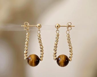 Tigers Eye Beaded Hoop Earrings, 18K Gold Natural Gemstone Dangle Earrings, Minimalist Boho Protective Jewelry Gift For Her