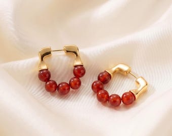 Red Carnelian Gold Hoop Earrings, Natural Gemstone Beaded Huggies, 18K Statement Gold & Red Drop Earrings, Gift for Women