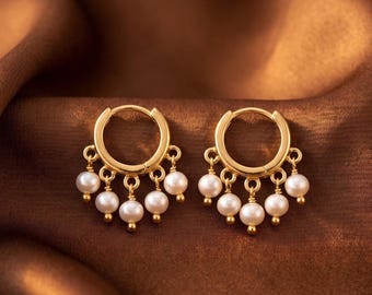 18K Gold Plated Pearl Huggie Hoop Earrings, Freshwater Baroque Pearl Fringe Charms, Dangle Dainty Hoops, Bridal Jewelry, Gift for Her