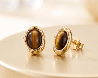 Natural Tiger's Eye Stud Earrings, 18k Gold Gemstone Earrings, Minimalist Stud Earrings, Protective Jewelry, Modern Boho Gift For Her