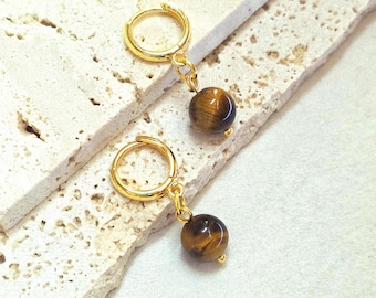 Tigers Eye Huggie Hoop Earrings, Gold Gemstone Earrings, Minimalist Gold Hoops, Protective Jewelry Gift For Mom Grandma Sisters Wife