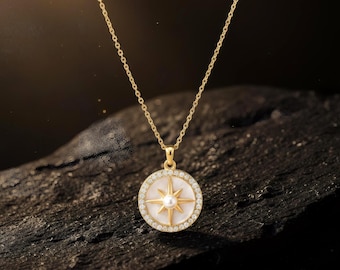 Mother of Pearl Polaris Necklace, Gold Starburst Natural Pearl Necklace, Tarnish Resistant Celestial Jewelry, Bridesmaid Gift, Gift For Mom