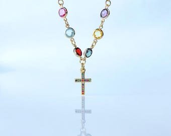 Rainbow Birthstone Cross Necklace 18K Gold, Family Birthstone Necklace, Personalized Family Tree Pendant, Mother's Day gift for Mother