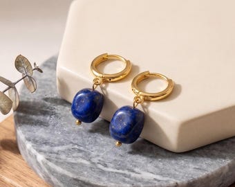 Lapis Lazuli Huggie Hoop Earrings, Natural Gem Stone Drop Earrings, Handmade 18k Gold Dangle Jewelry, Elegant Gift for Her, Bridesmaid Gift