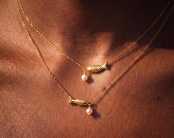 Tiny Gold Fish Necklace with Pearl Drop, Dainty Fish Necklace, Layering Necklace, Whimsical Jewelry Gift for Her