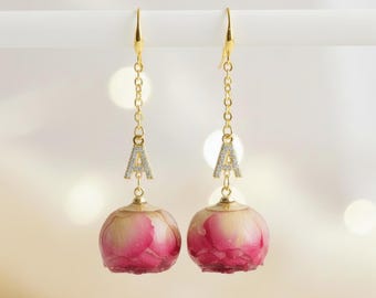 Real Rose Flower Earrings With Initial, Personalized Dried Birth Flower Gift, Minimalist Gold Dangle Earrings for Mom Wife Sisters Daughter