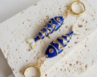 Articulated Royal Blue Fish Huggie Hope Earrings, Vintage Style Gold Koi Dangle Jewelry, Unique Minimalist Statement Gift For Mom Grandma