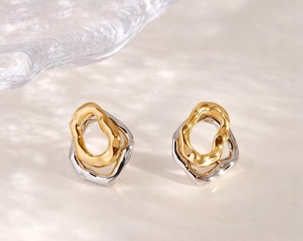 Convertible Gold Silver Stud Earrings, Mixed Metal Hoop Studs, Two Tone Earrings, Vintage Statement Earrings Gift For Mom Wife Sisters