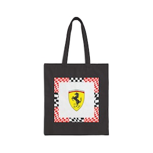 Checkered Floral Cotton Canvas Tote Bag, Scuderia Ferrari F1 Racing Gift, Reusable Grocery Bag, Eco-Friendly Market Tote, Fashion Shoulder