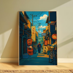 Summer Tokyo Restaurant Alley Wall Art Print – Digital Download in 4 Sizes, Japanese Cityscape Poster, Anime Style Urban Street Scene