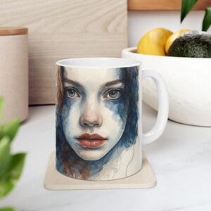 Artistic Watercolor Portrait Mug, Unique Gift for Art Lovers, Coffee Lover's Keepsake, Mother's Day, Home Decor, Ceramic Drinkware