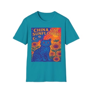 China Cat Sunflower Mug or Shirt,  Psychedelic Blue Cat with Sunflowers, Grateful Dead Inspired Hippie Art