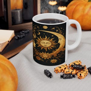 Celestial Sun and Moon Ceramic Mug, Astrology Coffee Cup, Spiritual Gift, Boho Home Decor, Unique Birthday Present
