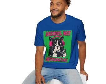 Camiseta "Ansioso, no antisocial", divertida camiseta de gato, regalo para amantes de los gatos, humor peculiar, corte holgado, ropa informal para el día a día.