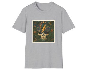 Psychedelic Skull T-Shirt, Unisex Boho Tee, Vintage Style Shirt, Festival Wear, Gift for Music Lovers
