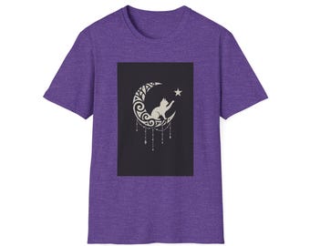 Moonlit Cat Unisex Softstyle T-Shirt, Cozy Graphic Tee, Gift for Pet Lovers, Casual Wear, Unique Fashion Statement
