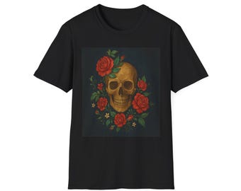 Vintage Skull and Roses Unisex T-Shirt, Goth Aesthetic Tee, Boho Fashion, Unisex Shirt, Casual Style, Perfect for Halloween
