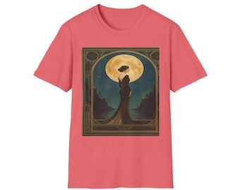 Moonlit Elegance Unisex Softstyle T-Shirt, Vintage Lady Tee, Boho Moon Shirt, Gift for Her, Artistic Apparel, Celestial Fashion
