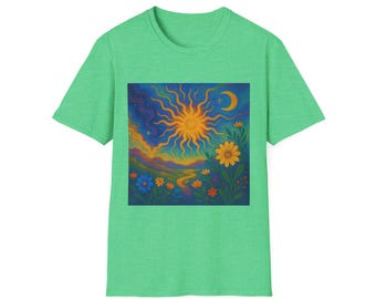 Bohemian Sun & Moon T-Shirt - Vibrant Nature Art Tee for Festivals, Gifts, Casual Wear, Eco-Friendly Style, Summer Vibes