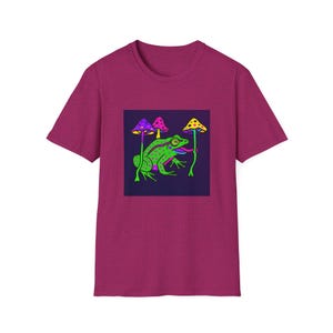 Colorful Frog & Mushroom Unisex T-Shirt | Fun Gift for Nature Lovers, Eco-Friendly Apparel, Vibrant Casual Wear, Festival Outfit, Summer Top