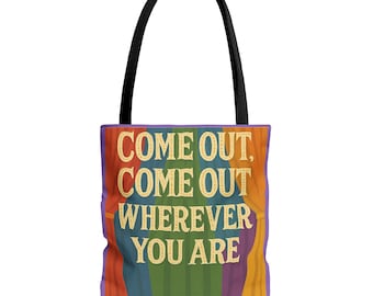 Come Out, Come Out Wherever You Are, Playful LGBTQ+ Pride Design, Queer Gift, Rainbow Circus Style, Funny Pride Shirt, Mug, Bag, Car Magnet