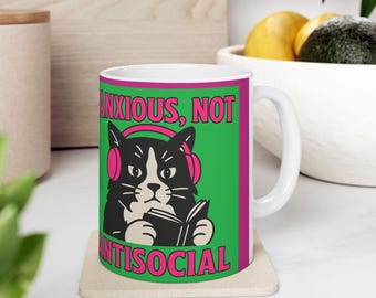 Mok grappige kat - introvert cadeau, schattig keramisch koffiekopje, niet angstig, asociaal ontwerp, huisdierliefhebber aanwezig, eigenzinnig keukengerei