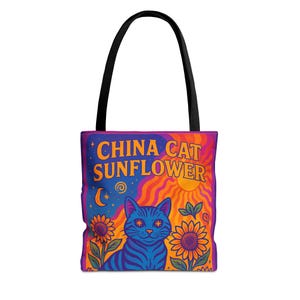 China Cat Sunflower Tote Bag, Mug or Shirt,  Psychedelic Blue Cat with Sunflowers, Grateful Dead Inspired Hippie Art