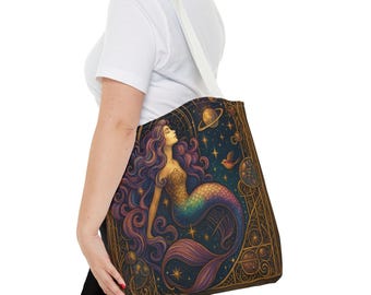 Bolso Tote Sirena Celestial: Un Bolso de Mano Artístico para Amantes del Océano, Días de Playa, Compras Ecológicas, Estilo Boho, Regalo para Ella