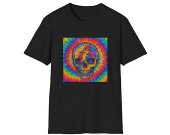 Psychedelic Skull T-Shirt, Unisex Softstyle Tee for Festivals, Bohemian Vibes, Gift for Music Lovers, Trendy Tie-Dye Shirt