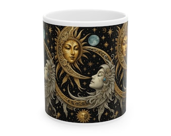 Celestial Dreams-mok, zon- en maanontwerp, boho-koffiekop, astrologiecadeau, mystiek interieur, perfect voor koffieliefhebbers