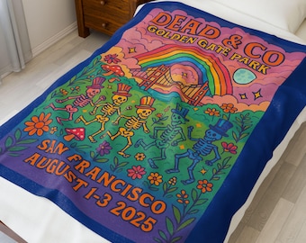 Dead & Co. Velveteen Plush Blanket, Grateful Dead Golden Gate Park  San Francisco 2025 Psychedelic Skeletons and Rainbow Art