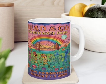 Colorful Dead and Company Ceramic Mug, Grateful Dead & Co Golden Gate Park, San Francisco 2025 Psychedelic Skeletons and Rainbow Art Print