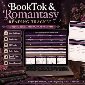 May include: A digital BookTok and Romantasy reading tracker for Google Sheets displayed on a laptop screen. The interface features dark purple and gold accents, showing reading logs, TBR lists, and visual dashboards for tracking book stats.