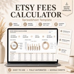 Etsy Fees Calculator Spreadsheet, Etsy Profit Calculator, Pricing Planner, Sales Tax VAT GST Tracker for Sellers